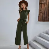 Women Smocked High-Neck Sleeveless Tie Waist Wide Leg Jumpsuit