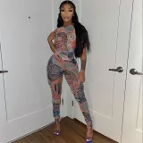 Women Sleeveless Mock-Neck Tank Mixed Print Bodycon Jumpsuit