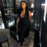 Women Sleeve Halter Cross Front High Waist Black Bodycon Jumpsuit