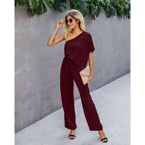 Women One-Shoulder Swing Sleeve Drawstring Fashion Paty Jumpsuit