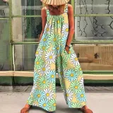 Women Sleeveless Daisy Printed Wide Leg Blouson Cover-Up Jumpsuit