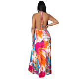 Women Halter Sleeveless Colorful Backless Loose Jumpsuit