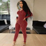 Women Round Neck Long Sleeve Hollow Out Strappy Bodycon Jumpsuit