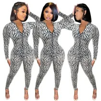 Women White Sleeveless V-Neck Zipper Front Bodycon Jumpsuit