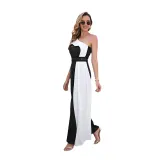 Women One-Shoulder Black White Color Stitching Elegant Jumpsuit