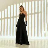Women Off The Shoulder Strapless V Neck High Waist Slit Leg Elegant Formal Jumpsuit