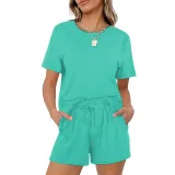 Women Short Sleeve Round-Neck Drawstring Cotton Home Romper