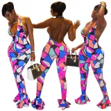 Women Halter Color Stitching Plunging Neckline Bodycon Jumpsuit
