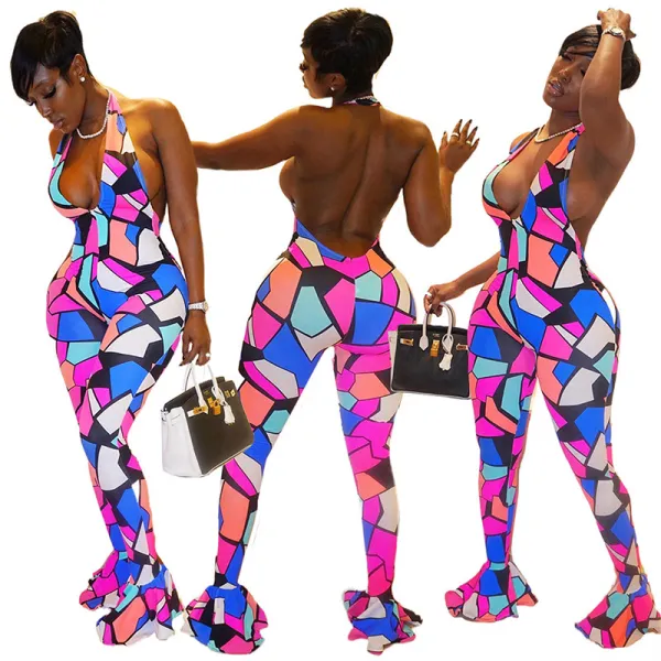 Women Halter Color Stitching Plunging Neckline Bodycon Jumpsuit