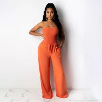 Women Strapless Solid Color Smocked Waist Wide Leg Jumpsuit