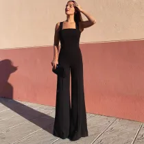 Women Sling Sleeveless Smocked Straight Pants Casual Jumpsuit
