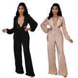 Women Satin Long Sleeve V Neck Plunging Swing Wide Leg Party Jumpsuit