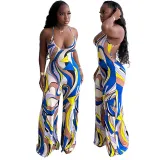 Women Halter Apron Color Stitching Wide Leg Casual Jumpsuit