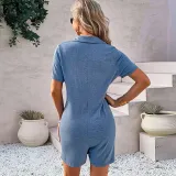 Women Short Sleeve Neckline Button Front Short Jumpsuit