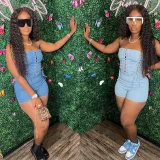 Women Strapless Denim Jeans Strappy Lace Up Mini Short Jumpsuit