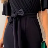Women Short Sleeve Surplice High Waist Wide Leg Jumpsuit