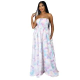 Women Off The Shoulder Strapless Tie Dye Striped Wide Leg Jumpsuit