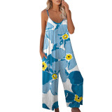 Women Sling Sleeve Apron Floral Printed Loose Casual Jumpsuit