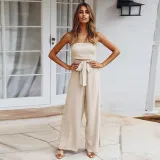 Women Off The Shoulder Solid Color Strapless Wide Leg Jumpsuit