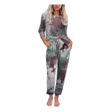 Women Long Sleeve Tie dye Lounge Smocked Waist Jumpsuit