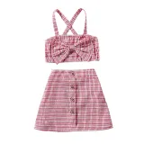 Toddler Kids Girl Two Pieces Lattice Cross Strap Top and A-Line Skirt Set