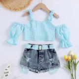 Toddler Kids Girl Two Pieces Cold-Shoulder Sling Top and Denim Shorts Set
