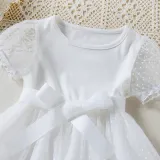 Toddler Kids Girl Short Puff Sleeve Splicing Mesh Dress