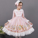 Kids Girl Lolita Pink Long Sleeve Lace Princess Dress Cosplay Costumes with Headdress