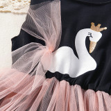 Toddler Kids Girl Swan Print Splicing Mesh Sleeveless Dress