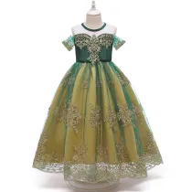 Toddler Kids Girl Dark Green Mesh Round Collar Embroidery Maxi Gowns Princess Dress
