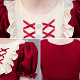 Kids Girl Lolita Wine Red Short Sleeve Bow Tie Lace Princess Dress Cosplay Costumes