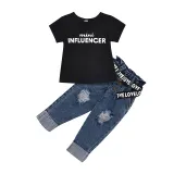 Toddler Kids Girl Two Pieces Black Short Sleeve Top and Denim Pants Set