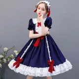 Kids Girl Lolita Royal Blue Short Sleeve Bow Tie Lace Princess Dress Cosplay Costumes