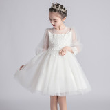 Toddler Kids Girl White Mesh Long Sleeve Embroidery Lace Short Dress