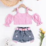 Toddler Kids Girl Two Pieces Cold-Shoulder Sling Top and Denim Shorts Set