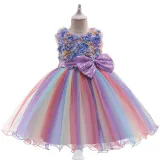 Toddler Kids Girl Sleeveless Bow Tie Belt Rainbow Mesh Wedding Gowns Dress