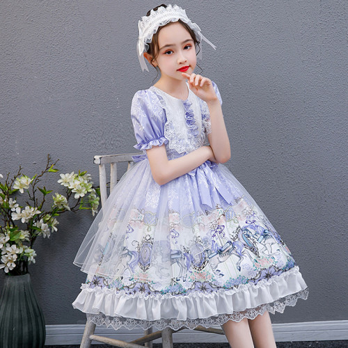 Kids Girl Lolita Purple Short Sleeve Bow Tie Lace Mesh Princess Dress Cosplay Costumes
