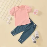 Toddler Kids Girl Two Pieces Lace Short Sleeve Top and Denim Pants Set