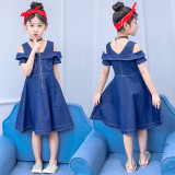 Toddler Kids Girl Cold-Shoulder Zipper Front Denim Dress
