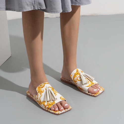 Women Flower Pattern Tassel Wide Strap Square Toe Flat Sandal Slipper