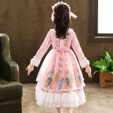 Kids Girl Lolita Pink Short Sleeve Bow Tie Lace Princess Dress Cosplay Costumes