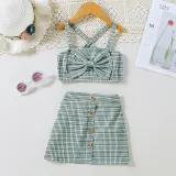 Toddler Kids Girl Two Pieces Lattice Cross Strap Top and A-Line Skirt Set