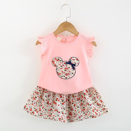 Toddler Kids Girl Two Pieces Flying Sleeve Top and Floral Printed Skirt Set