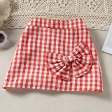 Toddler Kids Girl Two Pieces Heart Print Top and Red Lattice Skirt Set