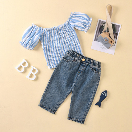 Toddler Kids Girl Two Pieces Off The Shoulder Blue Stripe Top and Denim Pants Set