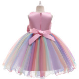 Toddler Kids Girl Sleeveless Bow Tie Belt Rainbow Mesh Wedding Gowns Dress