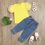 Toddler Kids Girl Two Pieces Lace Short Sleeve Top and Denim Pants Set