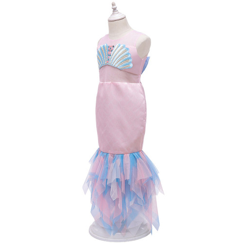 Toddler Kids Girl Sleeveless Mermaid Shell Mesh Maxi Dress with Pearl Jewelry