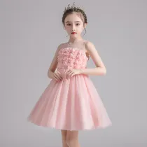 Toddler Kids Girl Sleeveless Mesh Round Collar Floral Gowns Dress