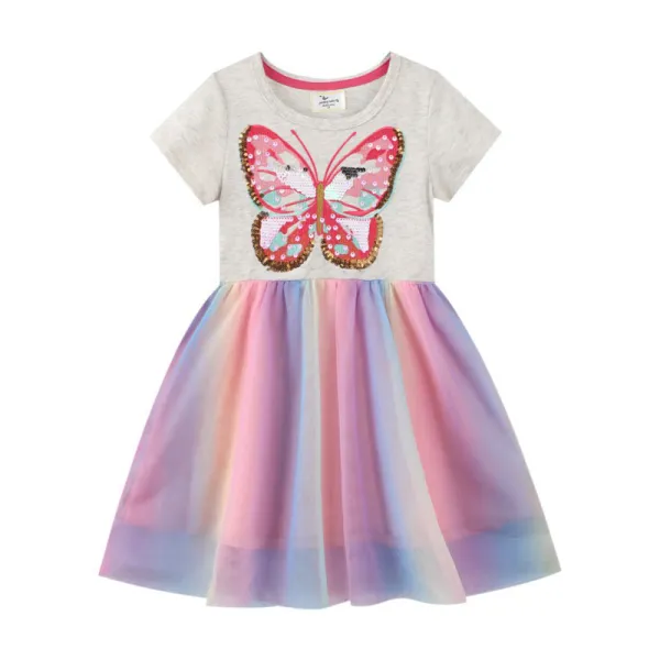 Toddler Kids Girl Sequins Butterfly Colorful Mesh Short Sleeve Dress